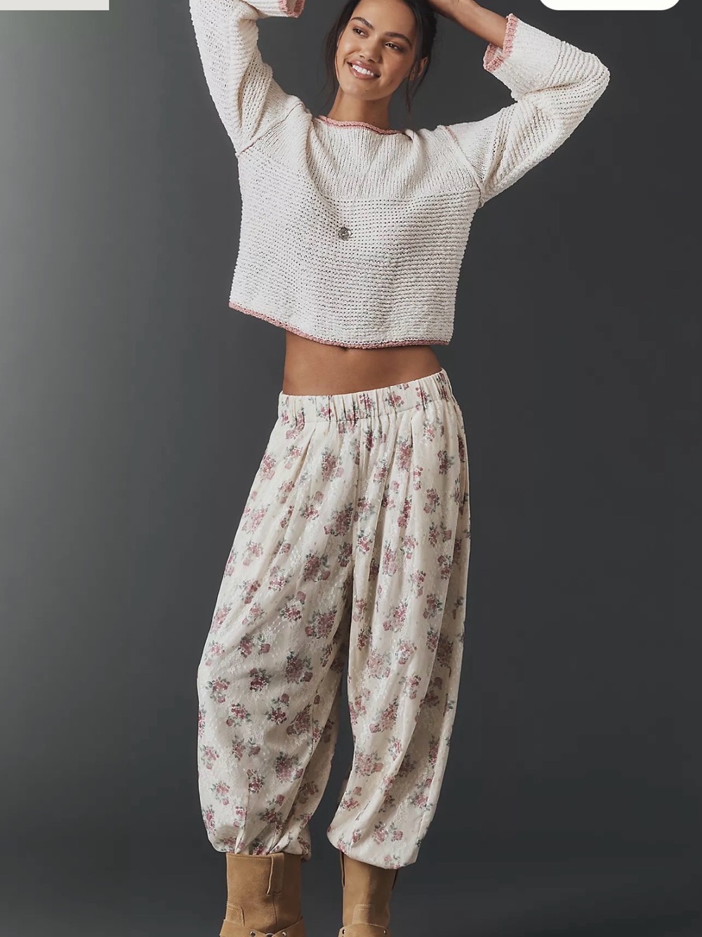 Pilcro Cream Cropped Boatneck Sweater with Pink Trim - Picture 5 of 5